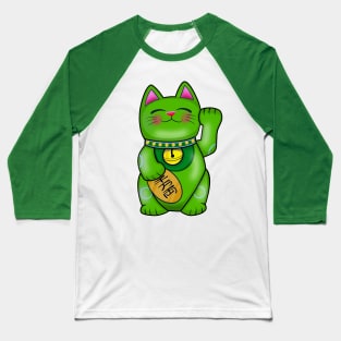 Green For Studies Maneki Neko Lucky Cat Baseball T-Shirt